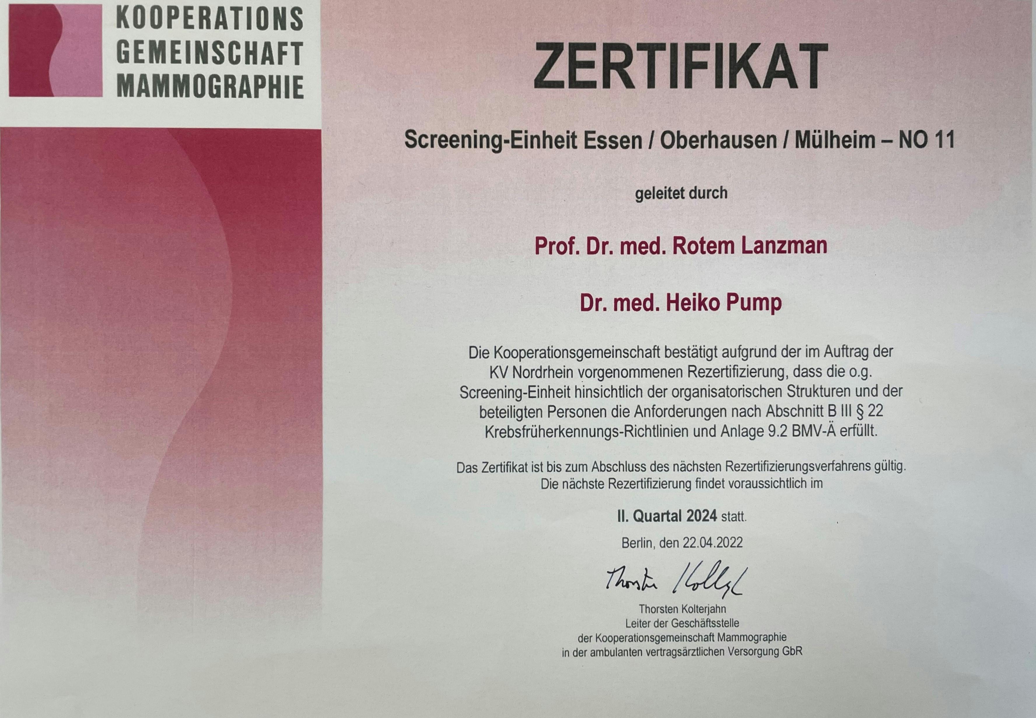 Zertifikat der Kooperationsgemeinschaft Mammographie für die Screening-Einheit Essen/ Oberhausen/ Mülheim geleitet durch Dr. med. Heiko Pump und Prof. Dr. med. Rotem Lanzman